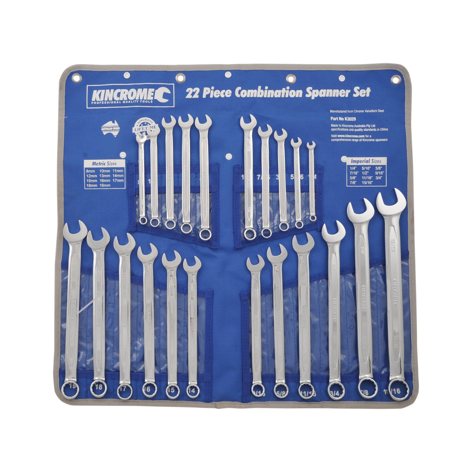 KINCROME K3029 22PCE COMBO SPANNER SET AF/MET