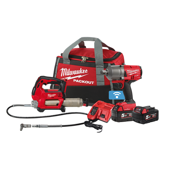 MILWAUKEE 2 PCE POWER PACK 3/4 HT IMPACT WRENCH , 2SD GREASE GUN X 2 5AH BATTERY & CHARGER