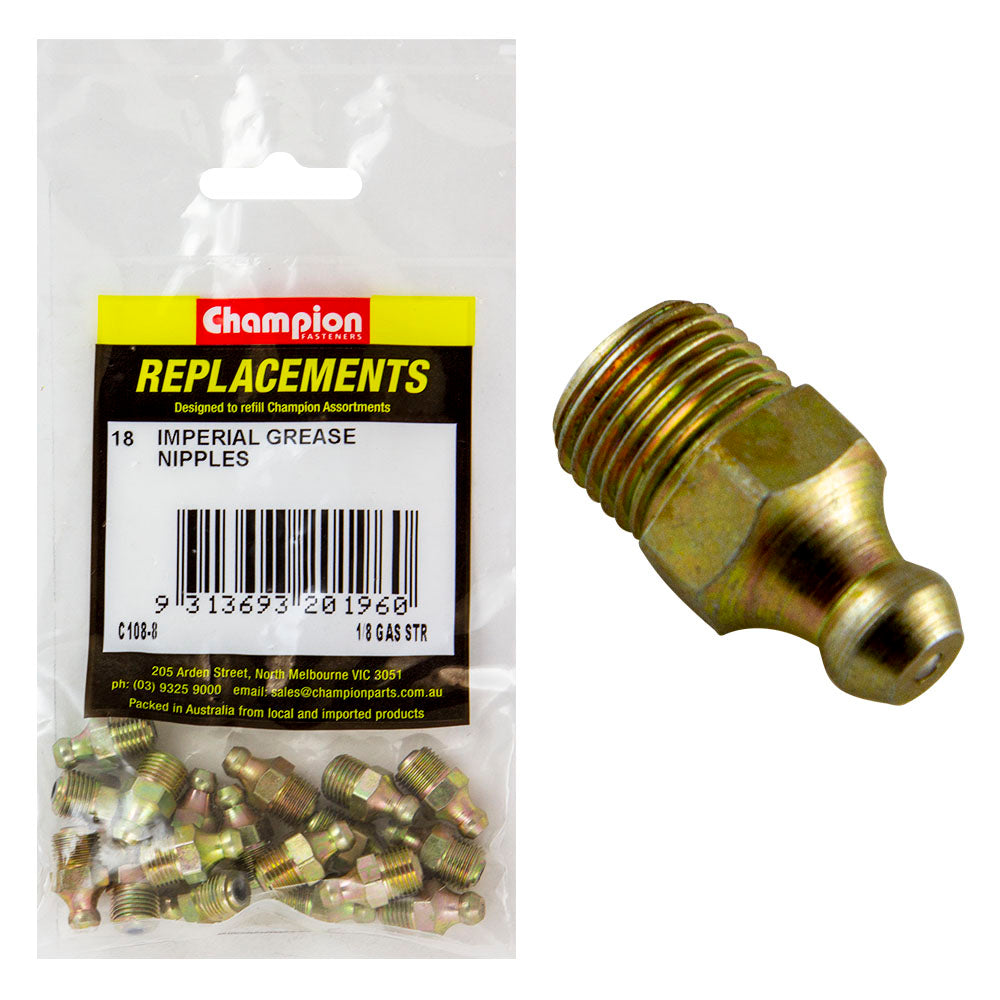 CHAMPION REFILL GREASE NIPPLES 1/8" BSP STRAIGHT (PK 18)