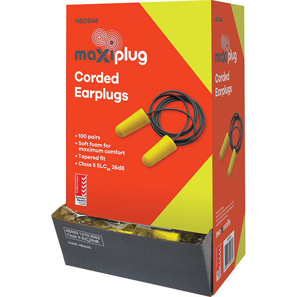 MAXISAFE TAPERED EARPLUG, CLASS 5 CORDED, BOX 100 PAIRS