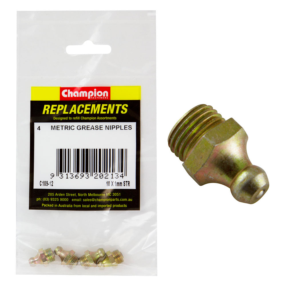 CHAMPION REFILL GREASE NIPPLES M10 - 1,0P STRAIGHT  (PK 4)