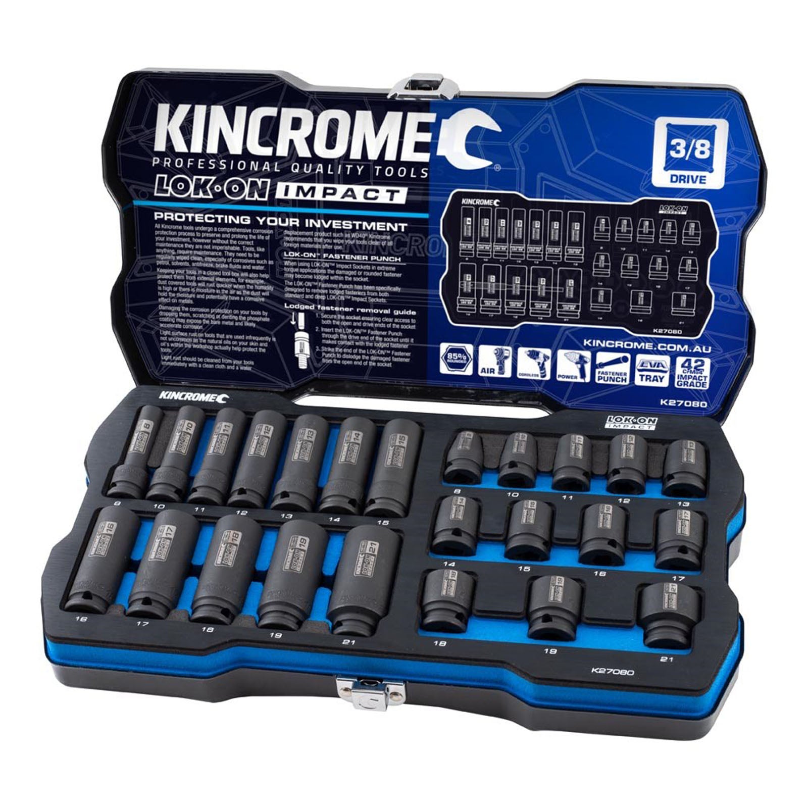 KINCROME K27080 LOK-ON STANDARD & DEEP IMPACT SOCKET SET 24 PIECE 3/8 DRIVE