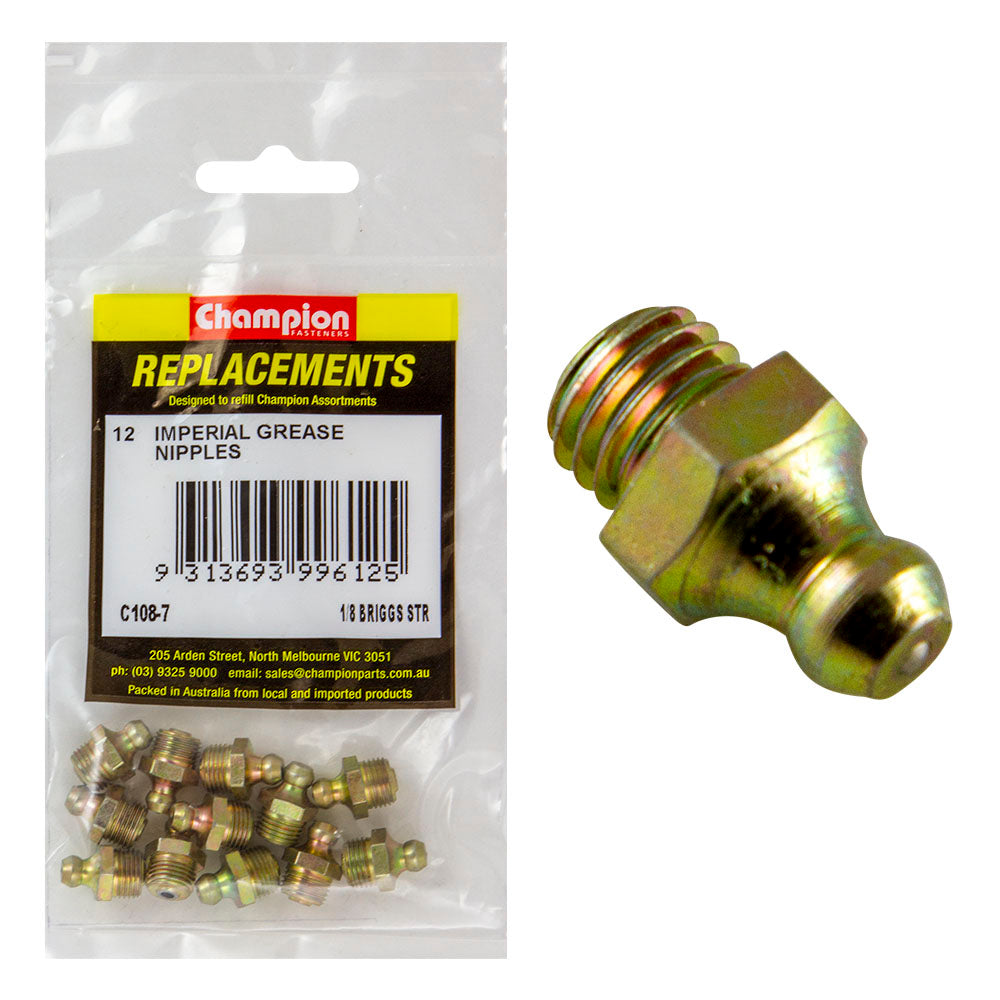 CHAMPION REFILL GREASE NIPPLES 1/8" NPT STRAIGHT (PK 12)