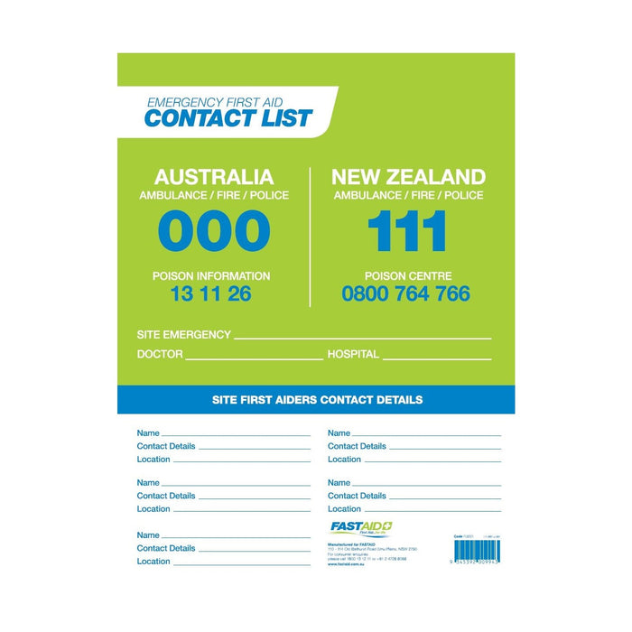FastAid Emergency First Aid Contact List 600 x 400mm