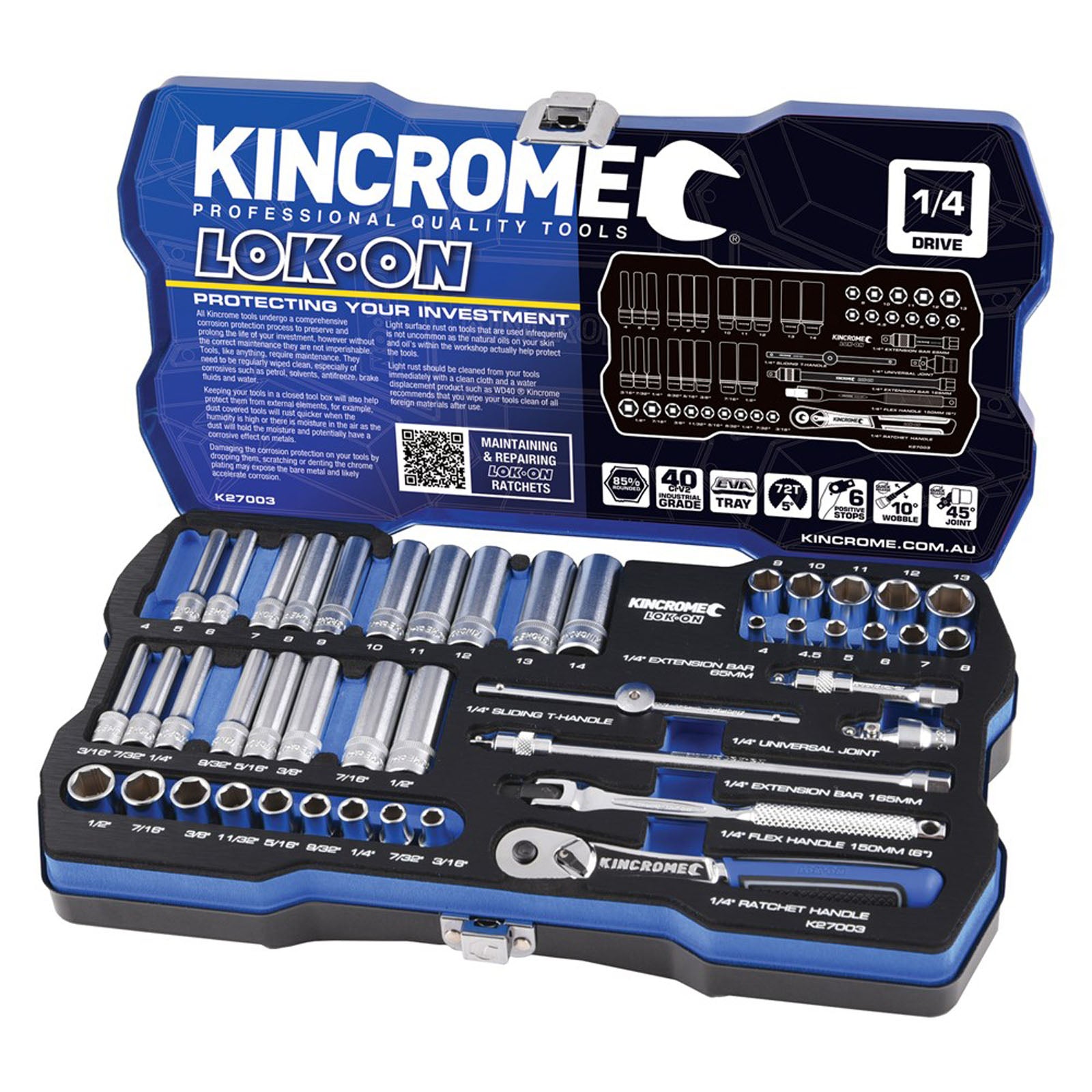 KINCROME K27003 LOK-ON SOCKET SET 45 PIECE 1/4" DRIVE - METRIC & IMPERIAL