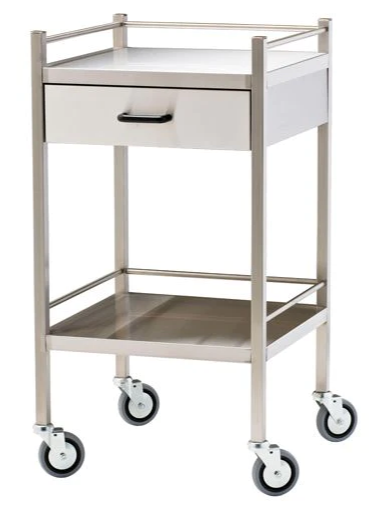 TROLLEY, STAINLESS STEEL CONSTRUCTION, 2 SHELVES WITH WHEELS AND PULL OUT DRAWER