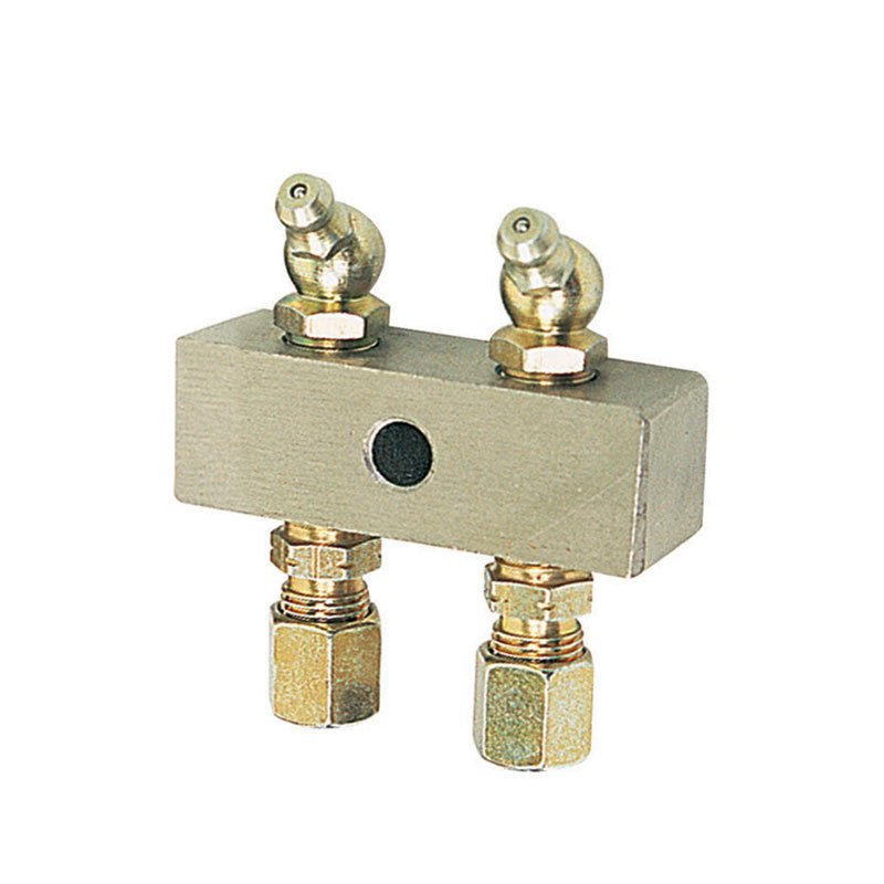 HEADER BLOCK 2 OUTLET C/W 6MM FITTINGS AND GREASE NIPPLES