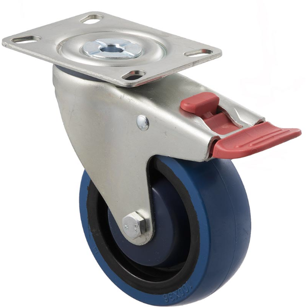 100MM BLUE RUBBER SWIVEL CASTOR WHEEL C/W BRAKE