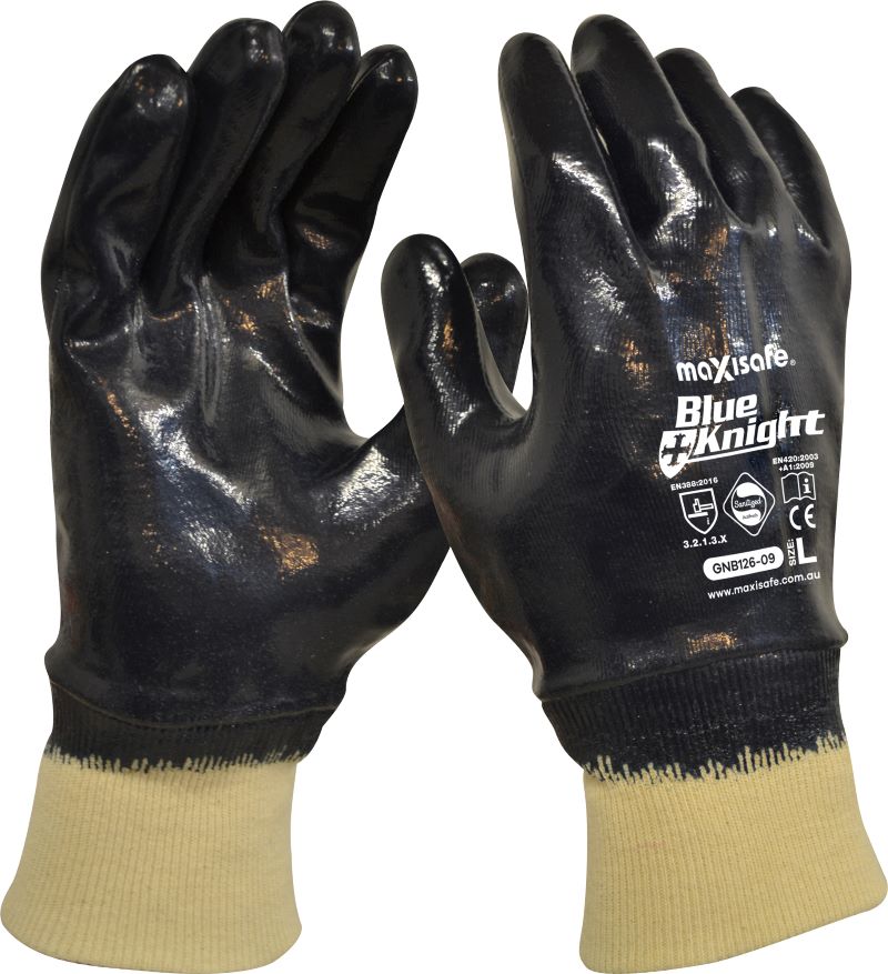 BLUE KNIGHT' NITRILE FULLY COATED GLOVE, WITH KNIT WRIST - L