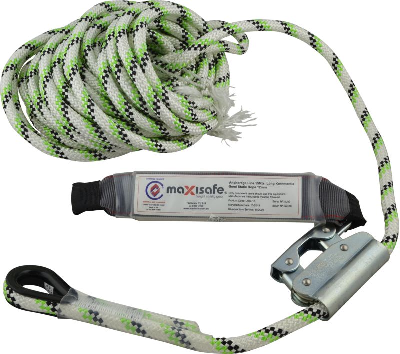 MAXISAFE 15M ROPE LINE W/ ADJUSTER AND SHOCK ABSORBER 140KG RATED