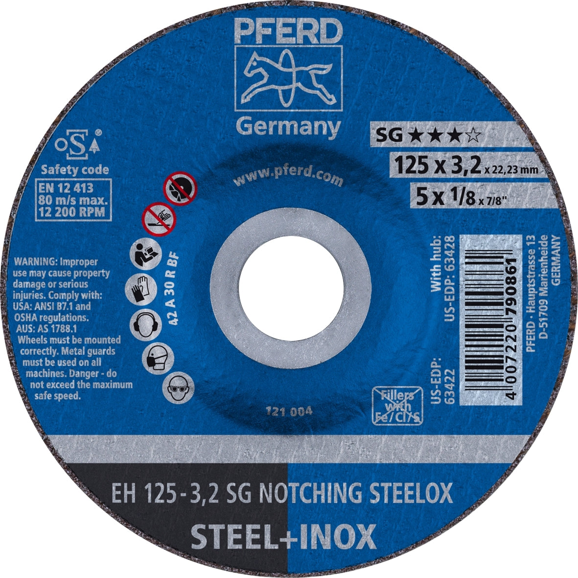 PIPE NOTCHING CUT-OFF WHEELS PREMIUM - RAISED HUB - STEEL EH 125-3.2 A 46 R SG-INOX