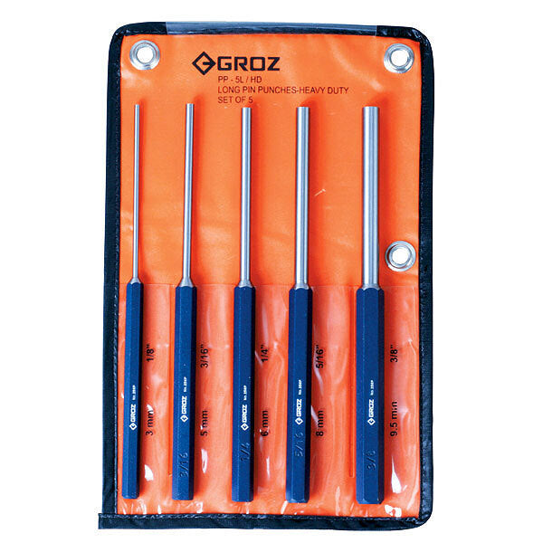 PP/HD/5L/ST GROZ EXTRA LONG H.D. PIN PUNCH SET, HEX SHANK, 2